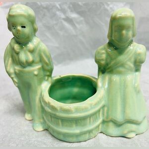 Pottery Planter Pot Wishing Well Man Woman Green Vintage